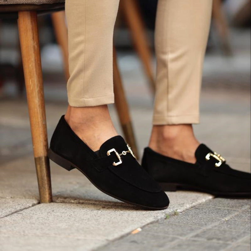 Men's Loafers Black Leather Horsebit Detail Almond Toe