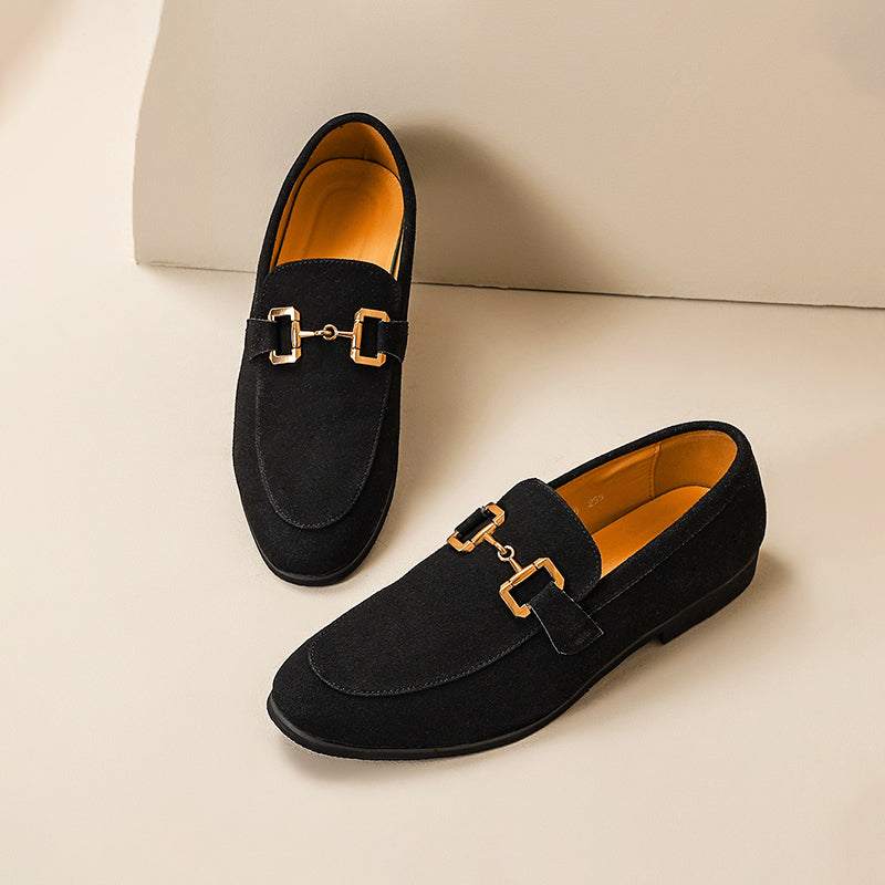 Men's Loafers Black Leather Horsebit Detail Almond Toe