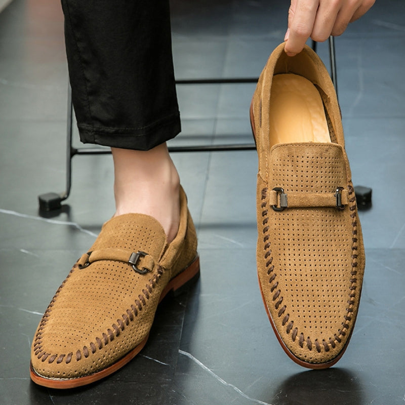 Men's Loafers Black Leather Perforated with Pin Buckle Accent
