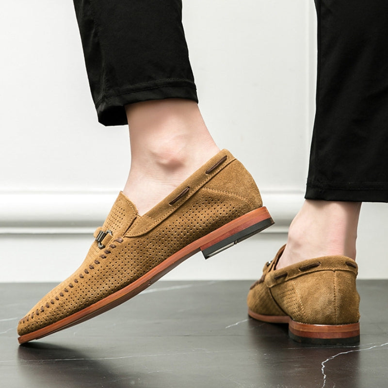 Men's Loafers Black Leather Perforated with Pin Buckle Accent