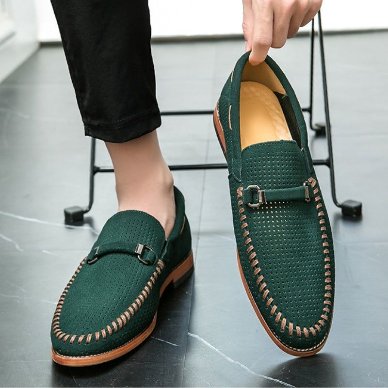 Men's Loafers Black Leather Perforated with Pin Buckle Accent