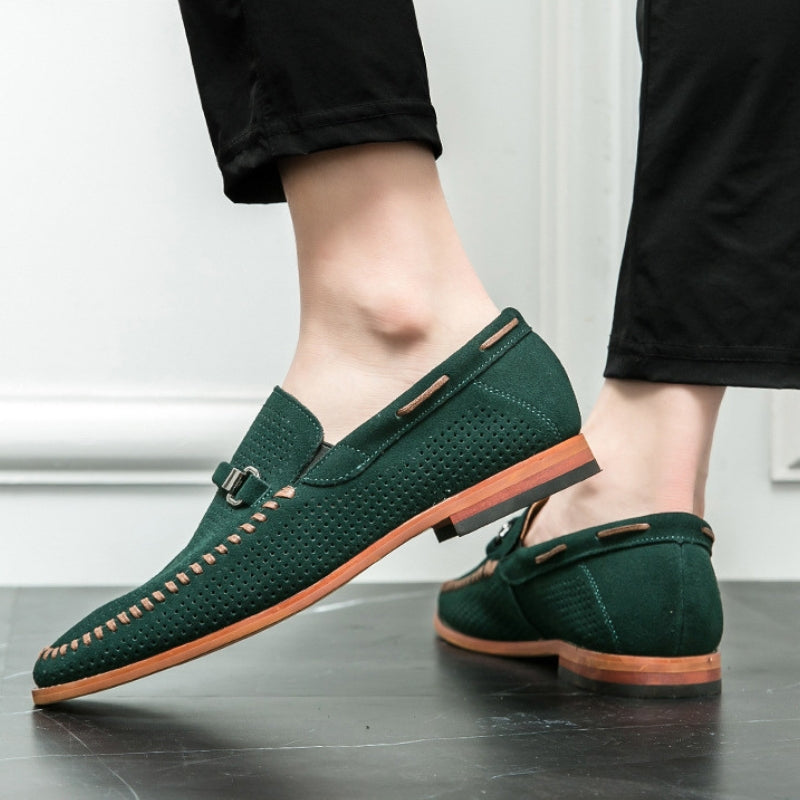 Men's Loafers Black Leather Perforated with Pin Buckle Accent