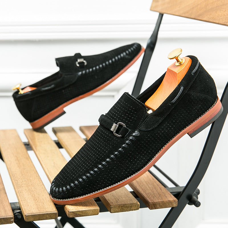 Men's Loafers Black Leather Perforated with Pin Buckle Accent
