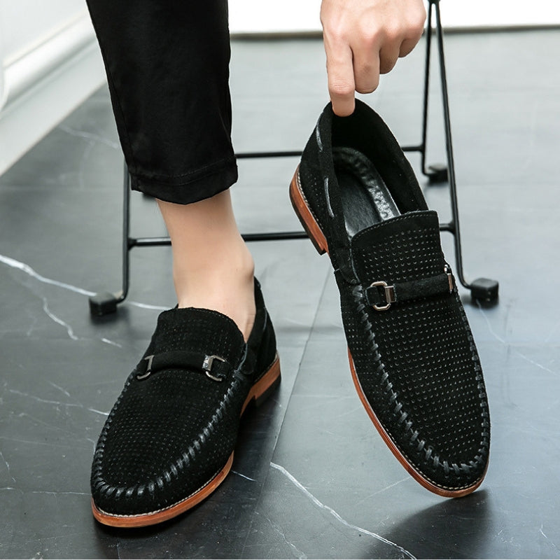 Men's Loafers Black Leather Perforated with Pin Buckle Accent