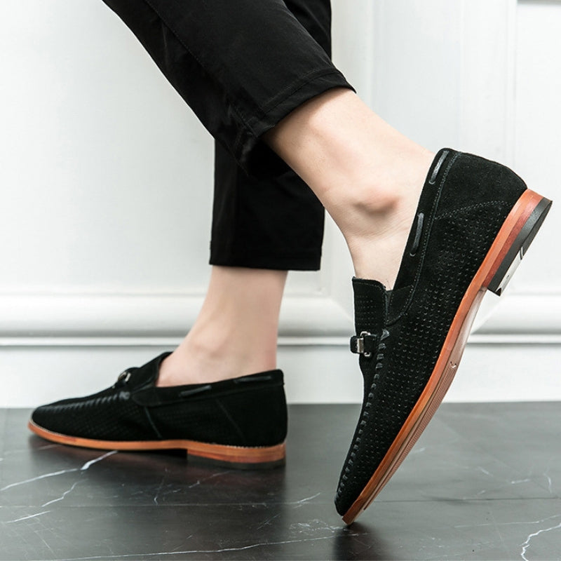 Men's Loafers Black Leather Perforated with Pin Buckle Accent