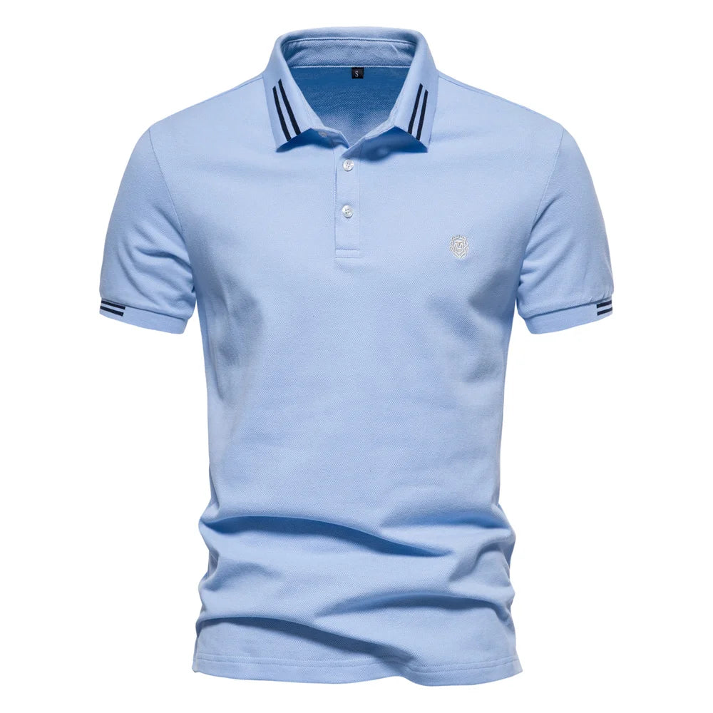 Men's Long Sleeve Polo Shirt Blue Cotton Blend