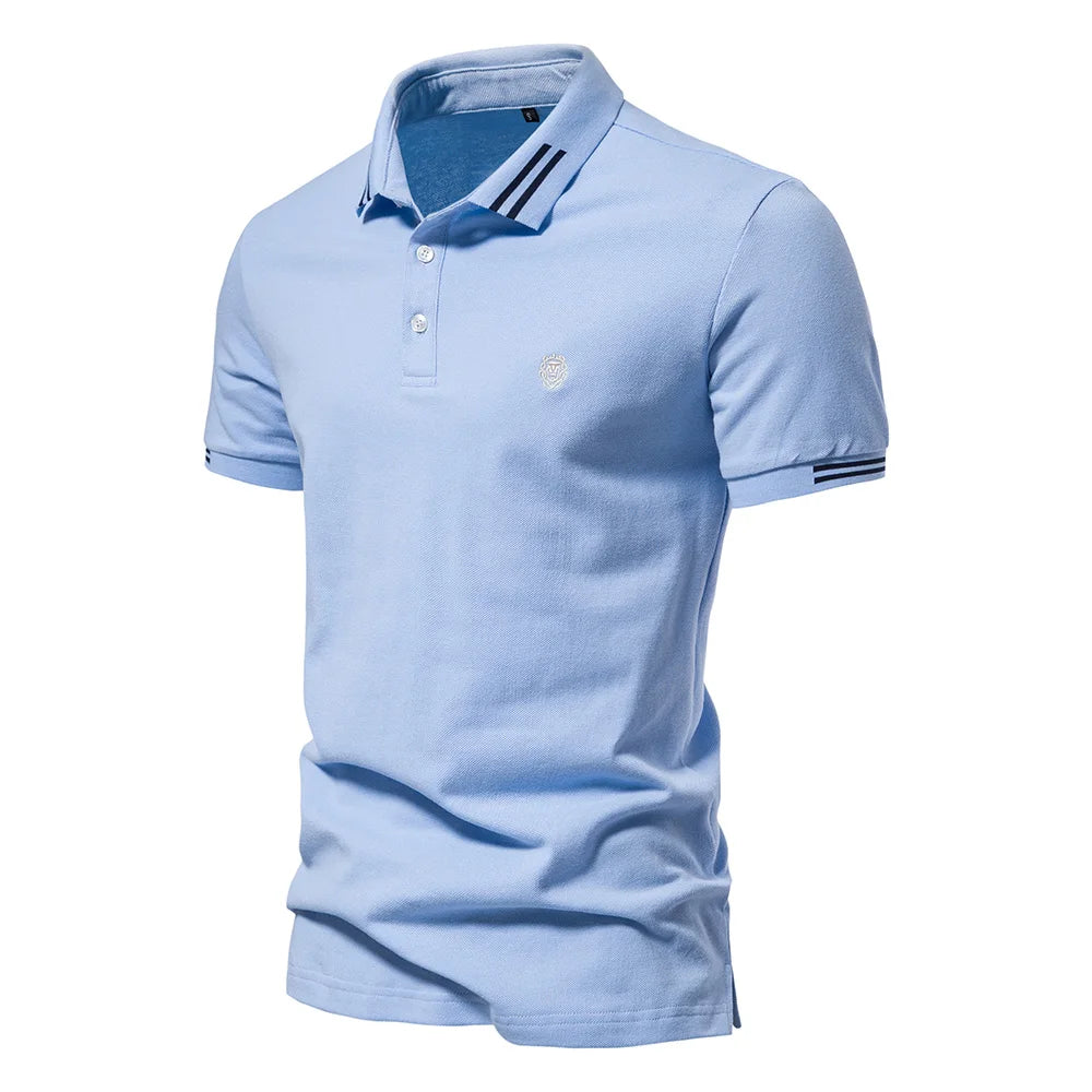 Men's Long Sleeve Polo Shirt Blue Cotton Blend