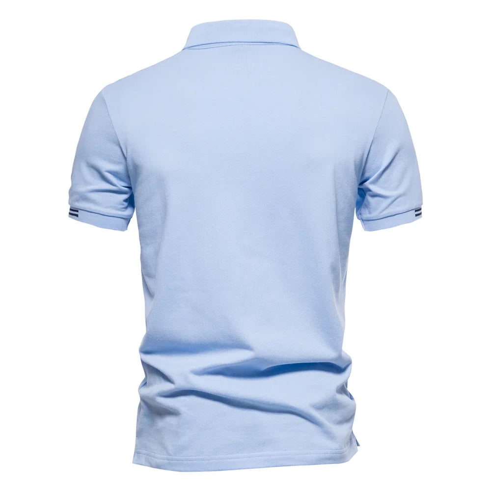 Men's Long Sleeve Polo Shirt Blue Cotton Blend