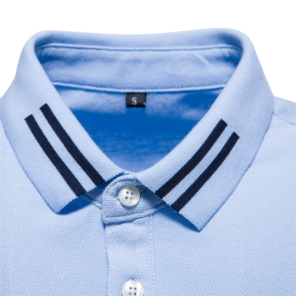 Men's Long Sleeve Polo Shirt Blue Cotton Blend