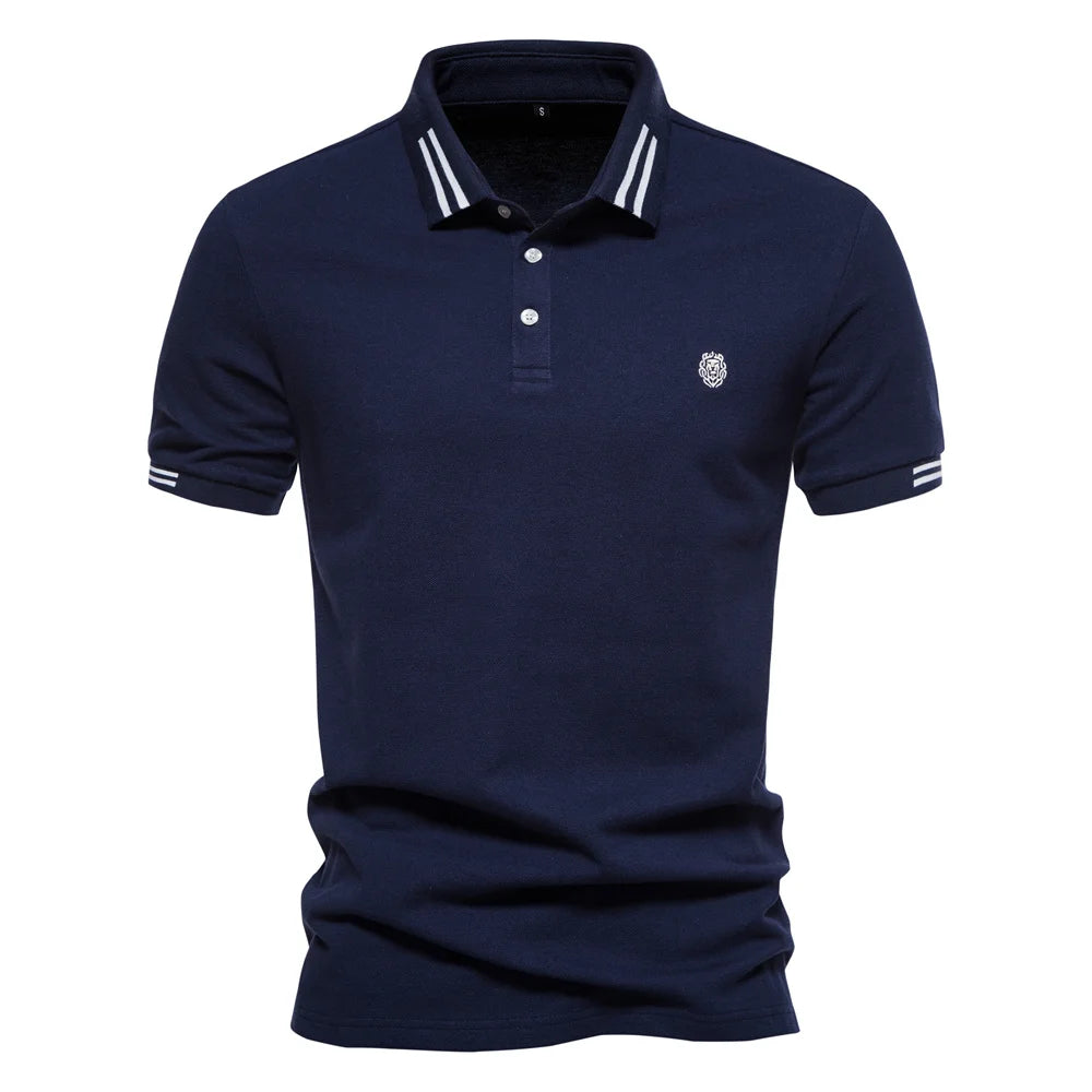 Men's Long Sleeve Polo Shirt Blue Cotton Blend