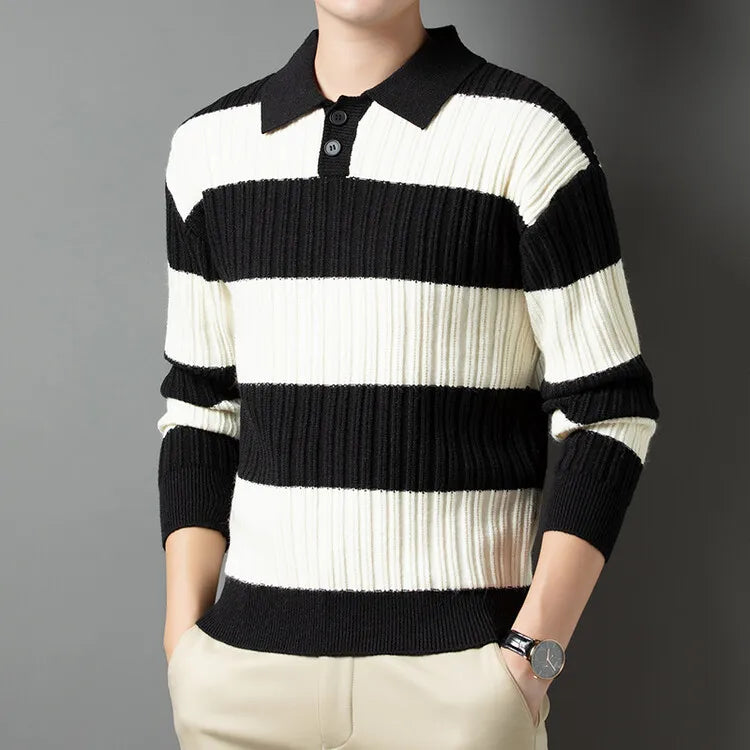 Men's Long Sleeve Polo Shirt Blue Striped Cotton