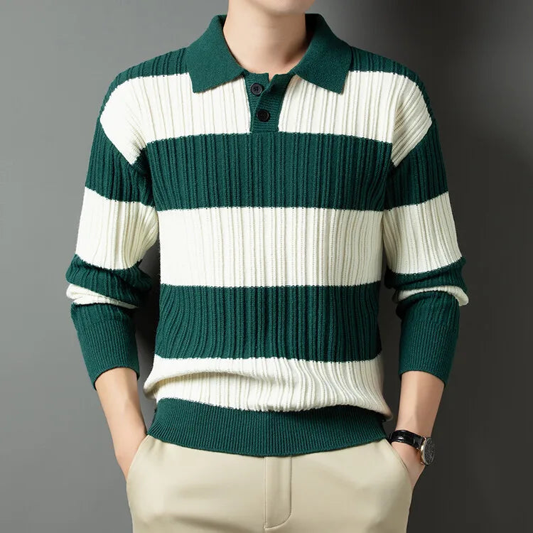 Men's Long Sleeve Polo Shirt Blue Striped Cotton