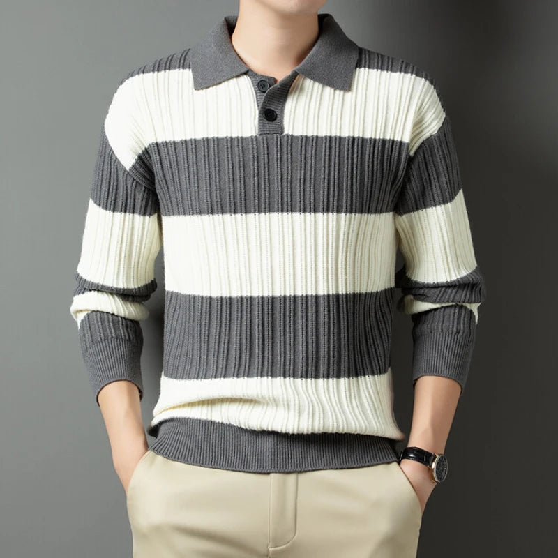 Men's Long Sleeve Polo Shirt Blue Striped Cotton