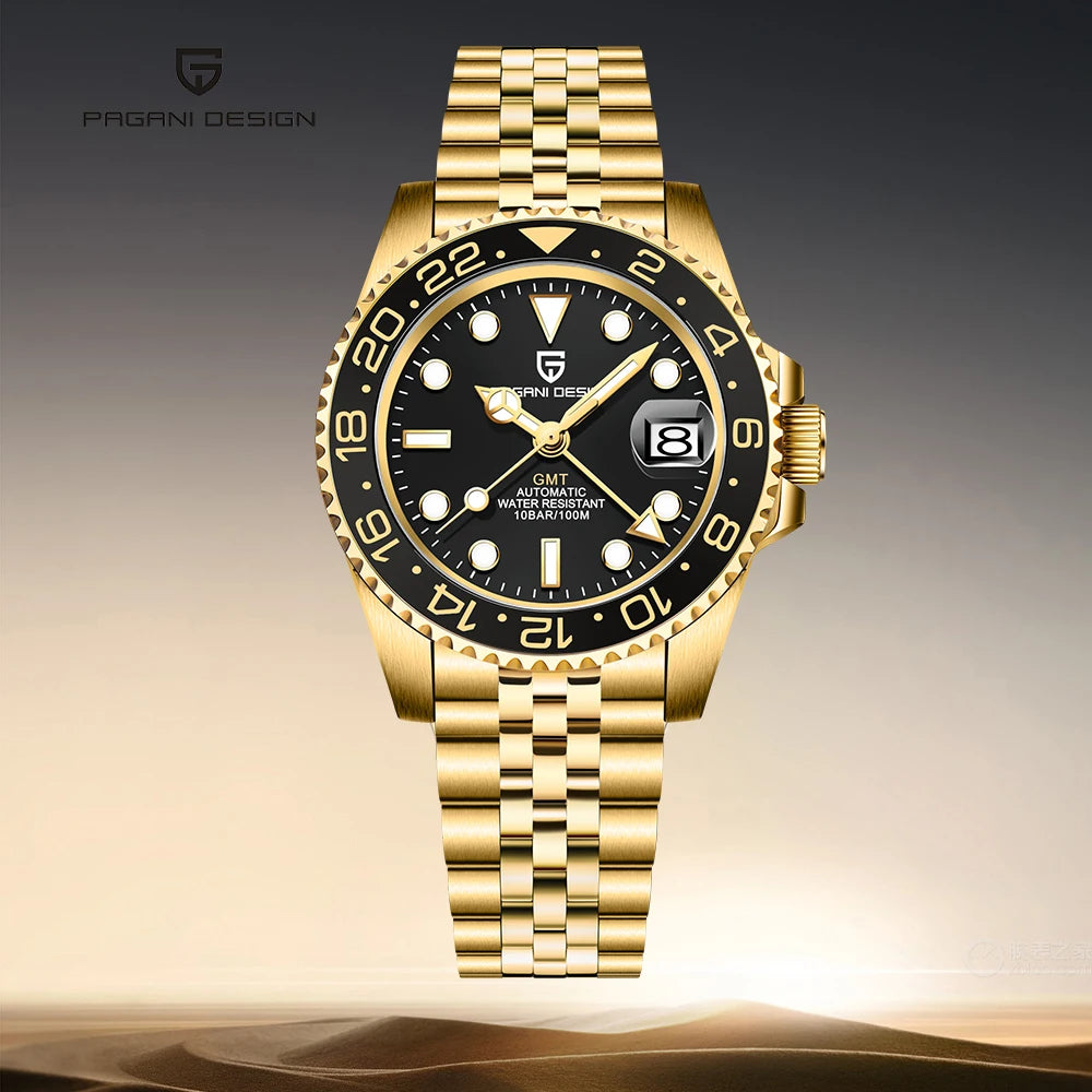 Men's Mechanical Watch with Ceramic Bezel, Automatic Timepiece with GMT Function – Elegant Stainless Steel Strap
