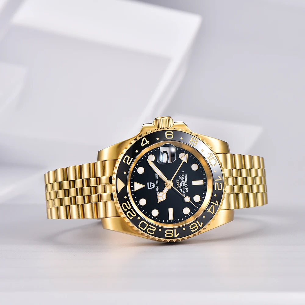 Men's Mechanical Watch with Ceramic Bezel, Automatic Timepiece with GMT Function – Elegant Stainless Steel Strap