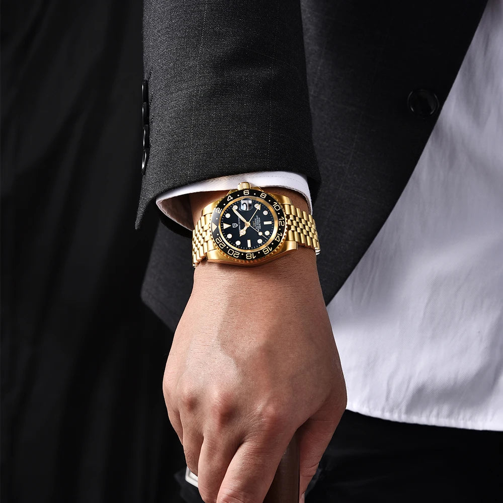 Men's Mechanical Watch with Ceramic Bezel, Automatic Timepiece with GMT Function – Elegant Stainless Steel Strap