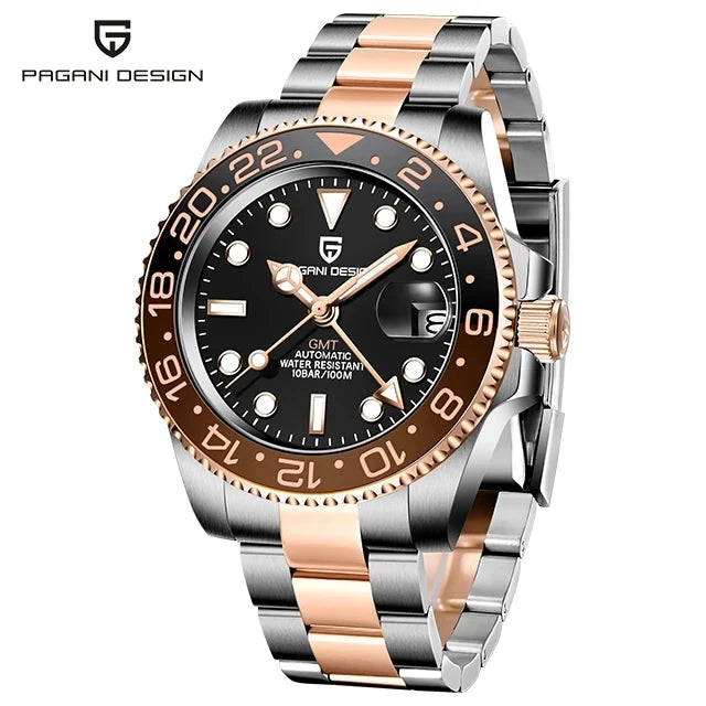 Men's Mechanical Watch with Ceramic Bezel, Automatic Timepiece with GMT Function – Elegant Stainless Steel Strap