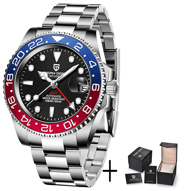 Men's Mechanical Watch with Ceramic Bezel, Automatic Timepiece with GMT Function – Elegant Stainless Steel Strap
