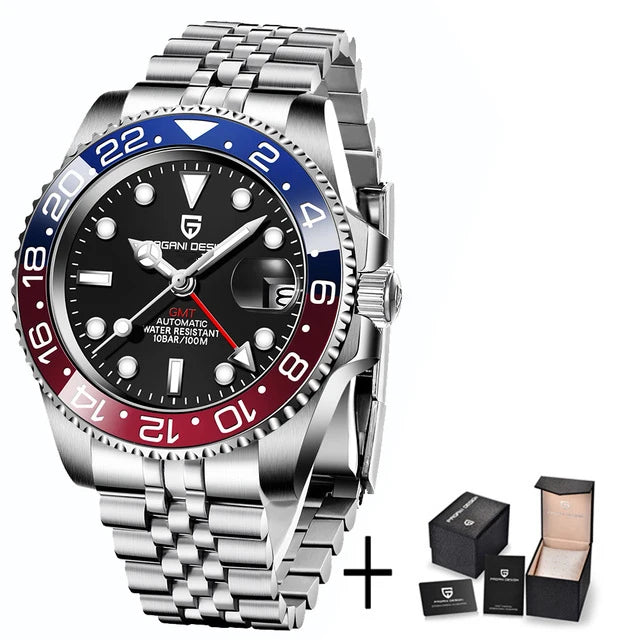 Men's Mechanical Watch with Ceramic Bezel, Automatic Timepiece with GMT Function – Elegant Stainless Steel Strap