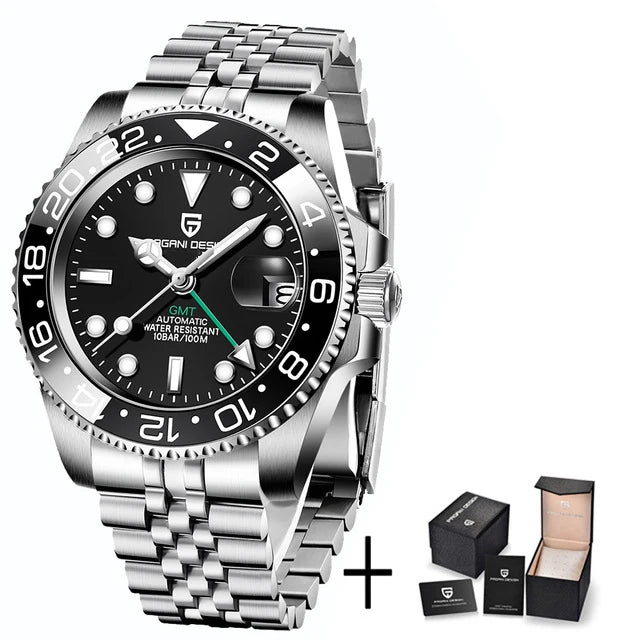 Men's Mechanical Watch with Ceramic Bezel, Automatic Timepiece with GMT Function – Elegant Stainless Steel Strap