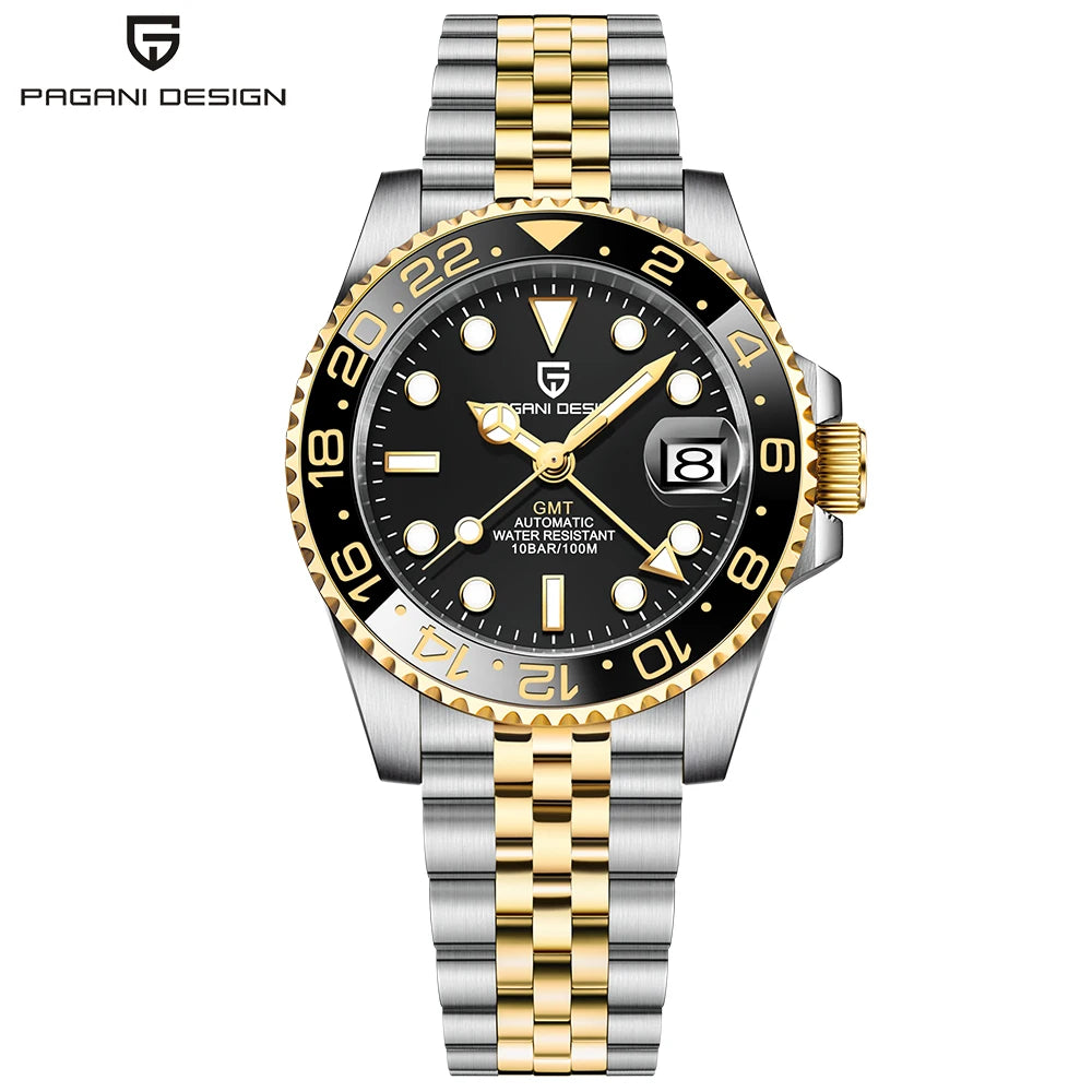 Men's Mechanical Watch with Ceramic Bezel, Automatic Timepiece with GMT Function – Elegant Stainless Steel Strap