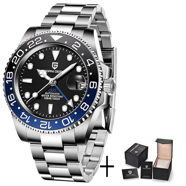 Men's Mechanical Watch with Ceramic Bezel, Automatic Timepiece with GMT Function – Elegant Stainless Steel Strap