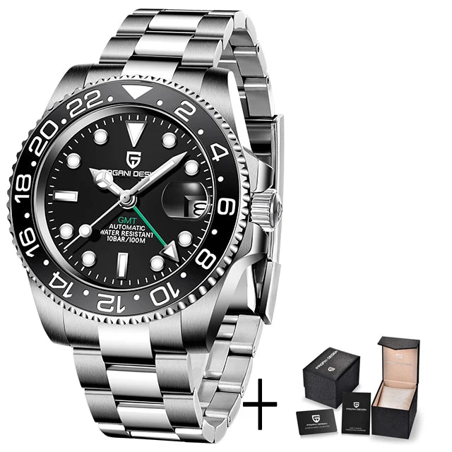 Men's Mechanical Watch with Ceramic Bezel, Automatic Timepiece with GMT Function – Elegant Stainless Steel Strap