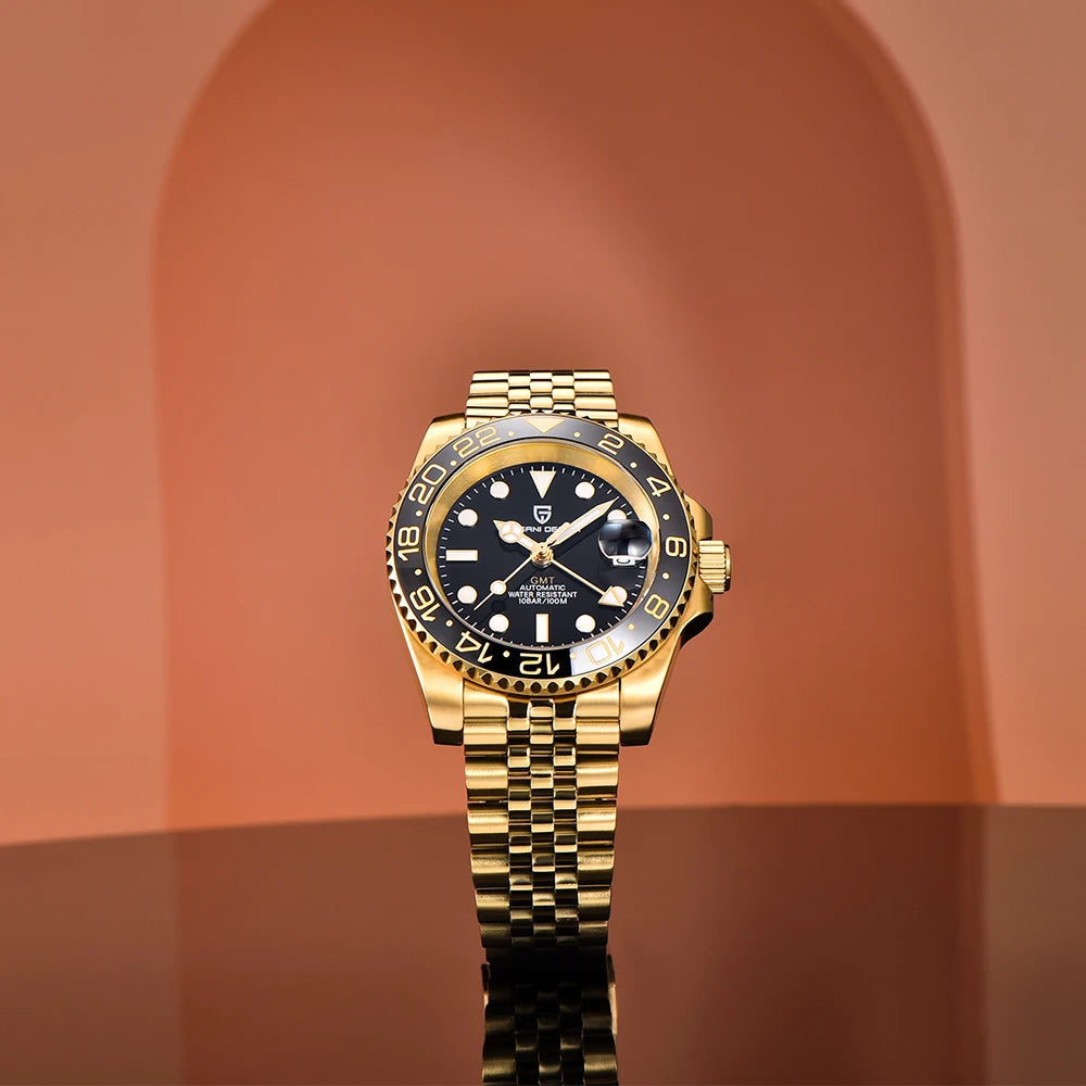 Men's Mechanical Watch with Ceramic Bezel, Automatic Timepiece with GMT Function – Elegant Stainless Steel Strap