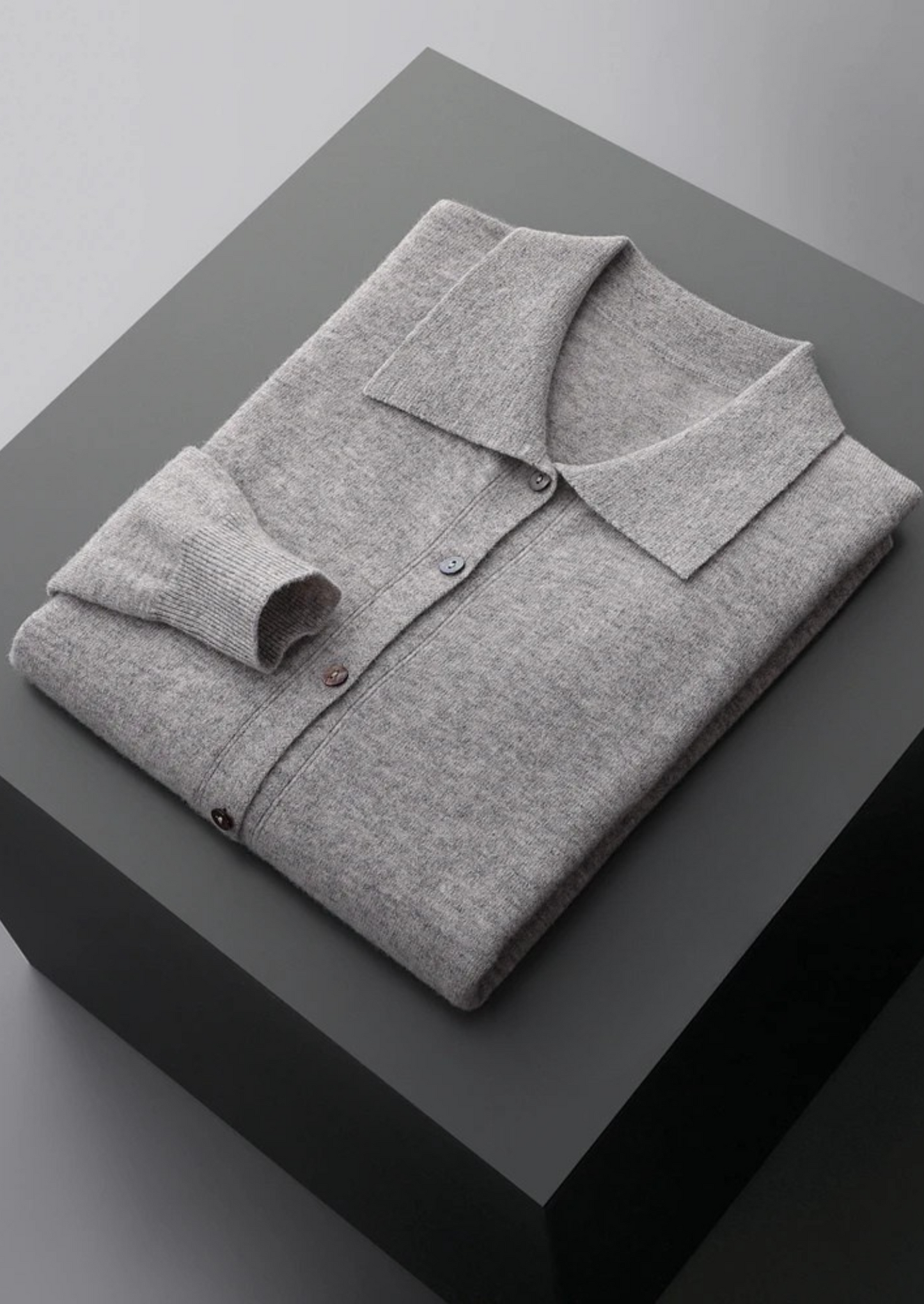 Men's Polo Cardigan Grey Extra-Fine Merino Wool