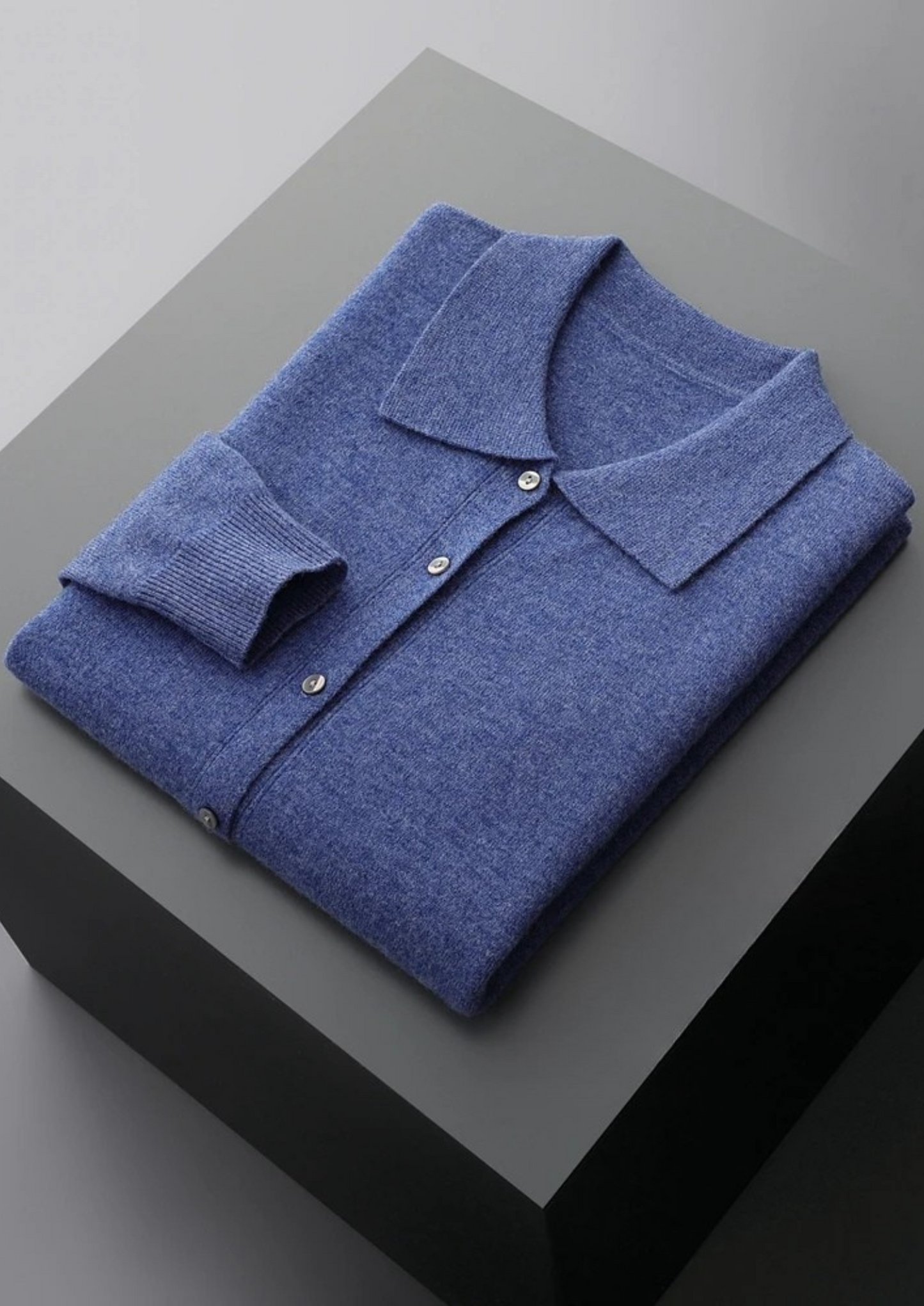 Men's Polo Cardigan Grey Extra-Fine Merino Wool