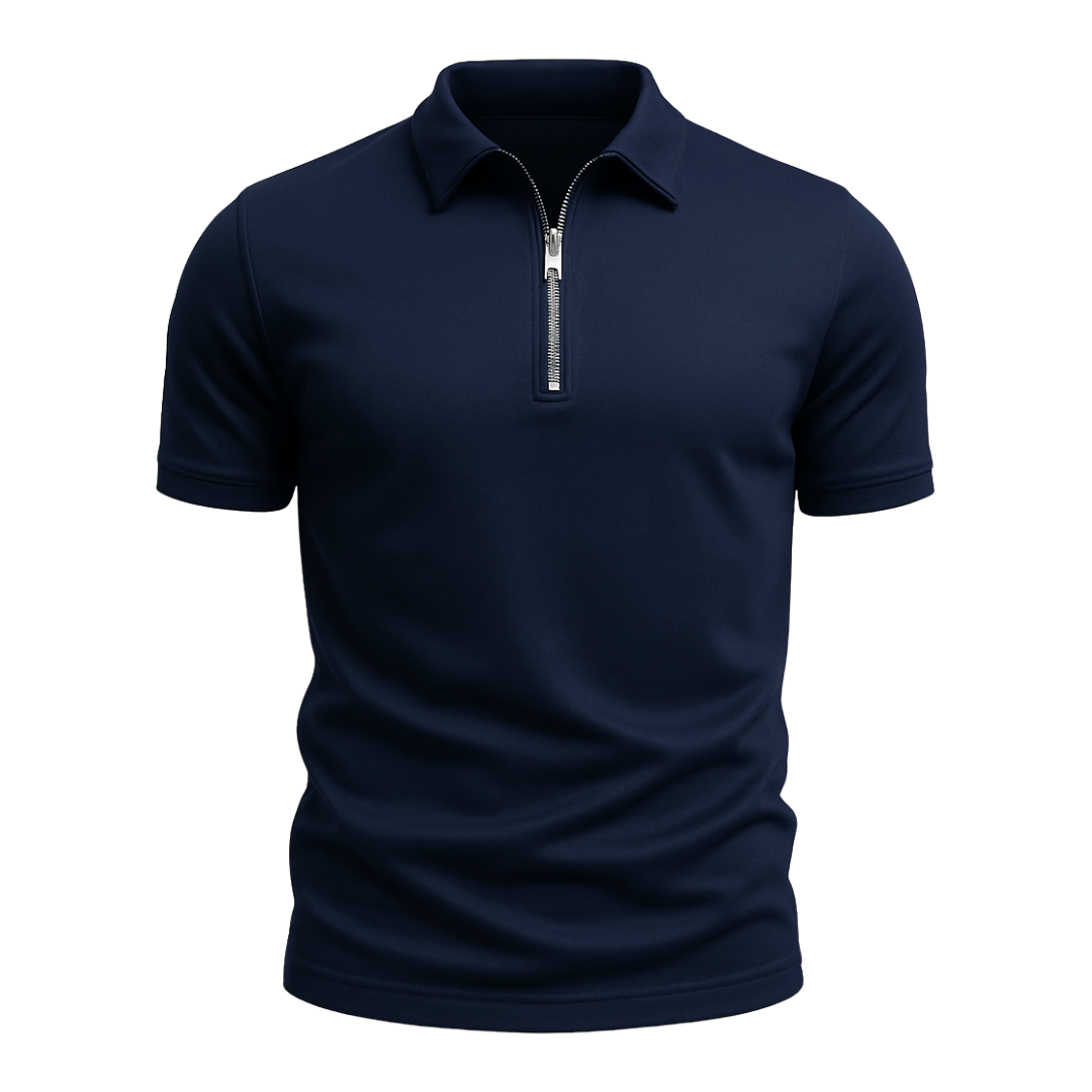 Men's Polo Shirt Black Cotton Zip-Up