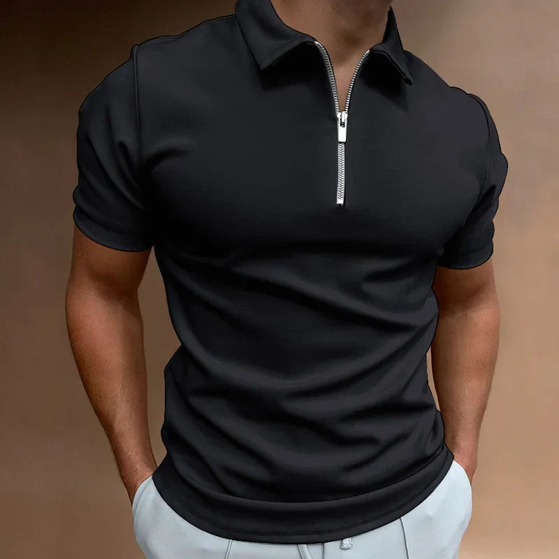 Men's Polo Shirt Black Cotton Zip-Up