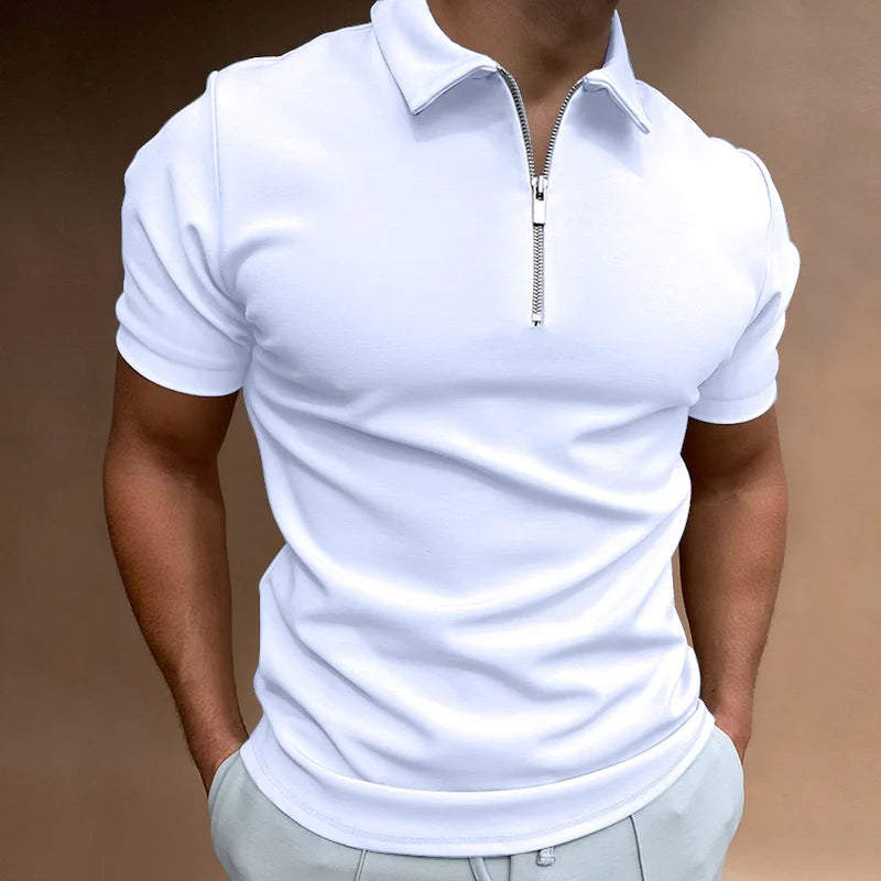 Men's Polo Shirt Black Cotton Zip-Up