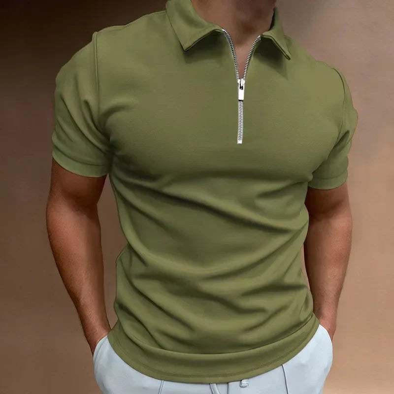 Men's Polo Shirt Black Cotton Zip-Up