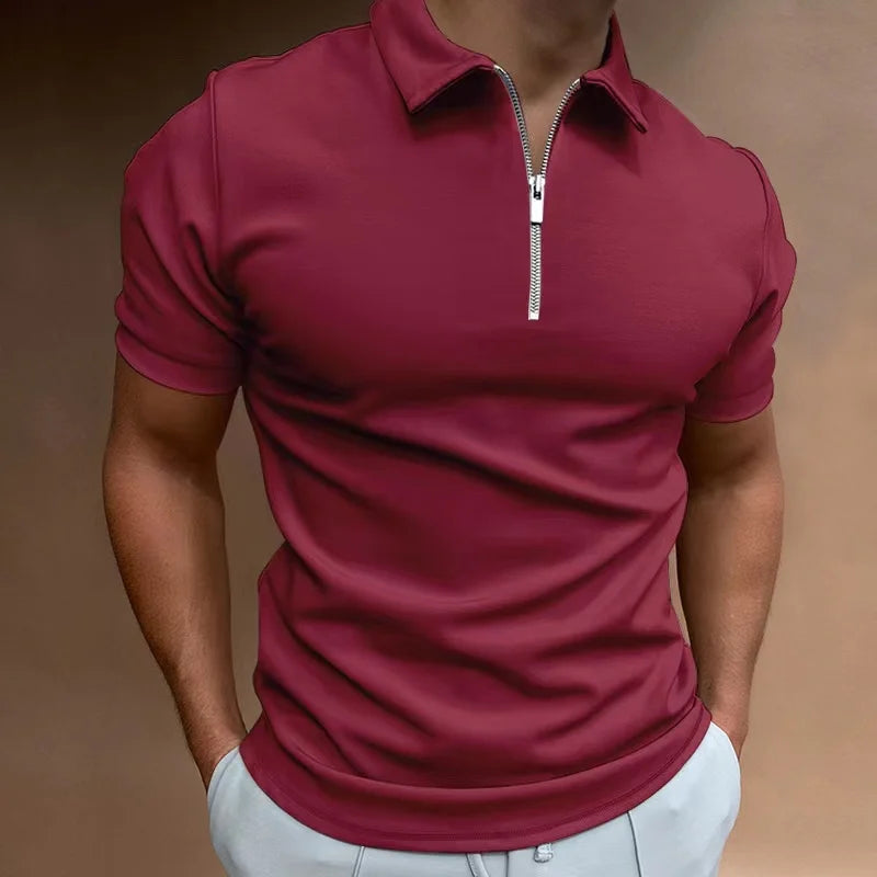 Men's Polo Shirt Black Cotton Zip-Up