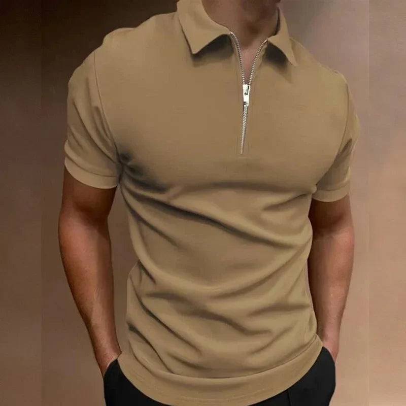 Men's Polo Shirt Black Cotton Zip-Up