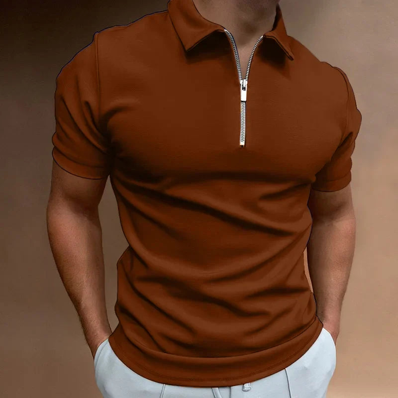 Men's Polo Shirt Black Cotton Zip-Up