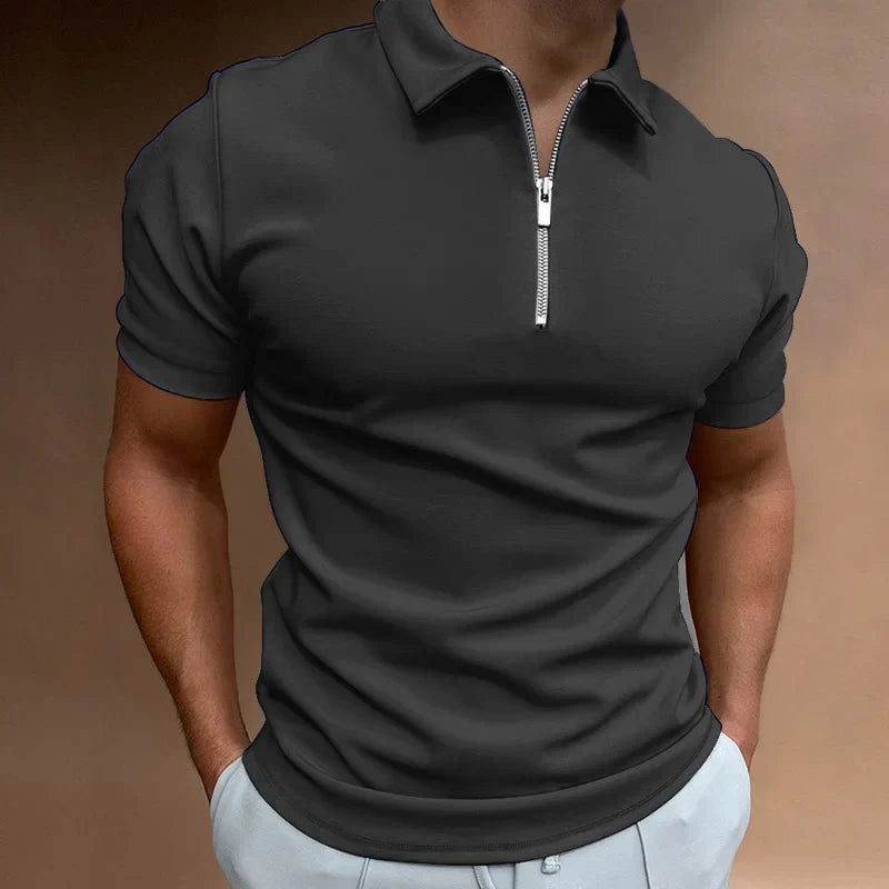 Men's Polo Shirt Black Cotton Zip-Up
