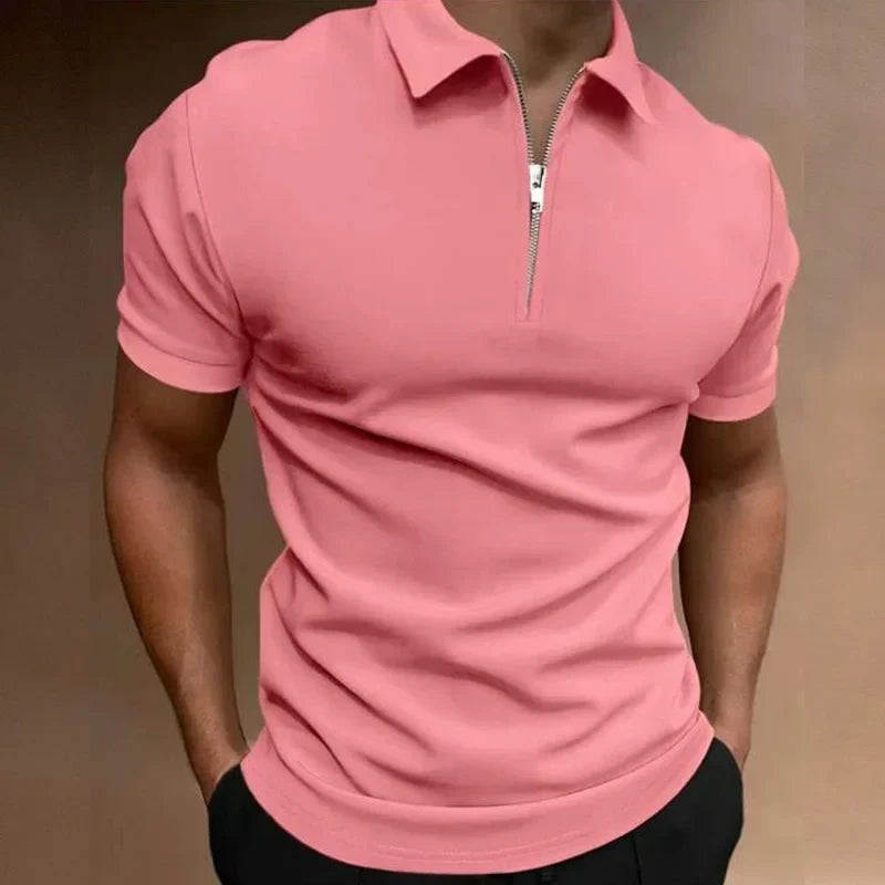 Men's Polo Shirt Black Cotton Zip-Up