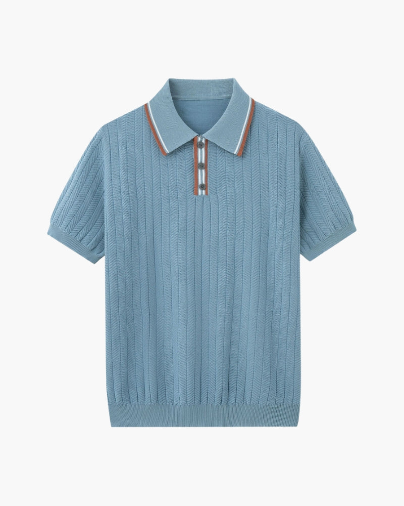 Men's Polo Shirt Light Blue Viscose-Polyester Blend Herringbone 0