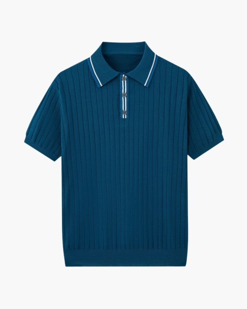 Men's Polo Shirt Light Blue Viscose-Polyester Blend Herringbone 1