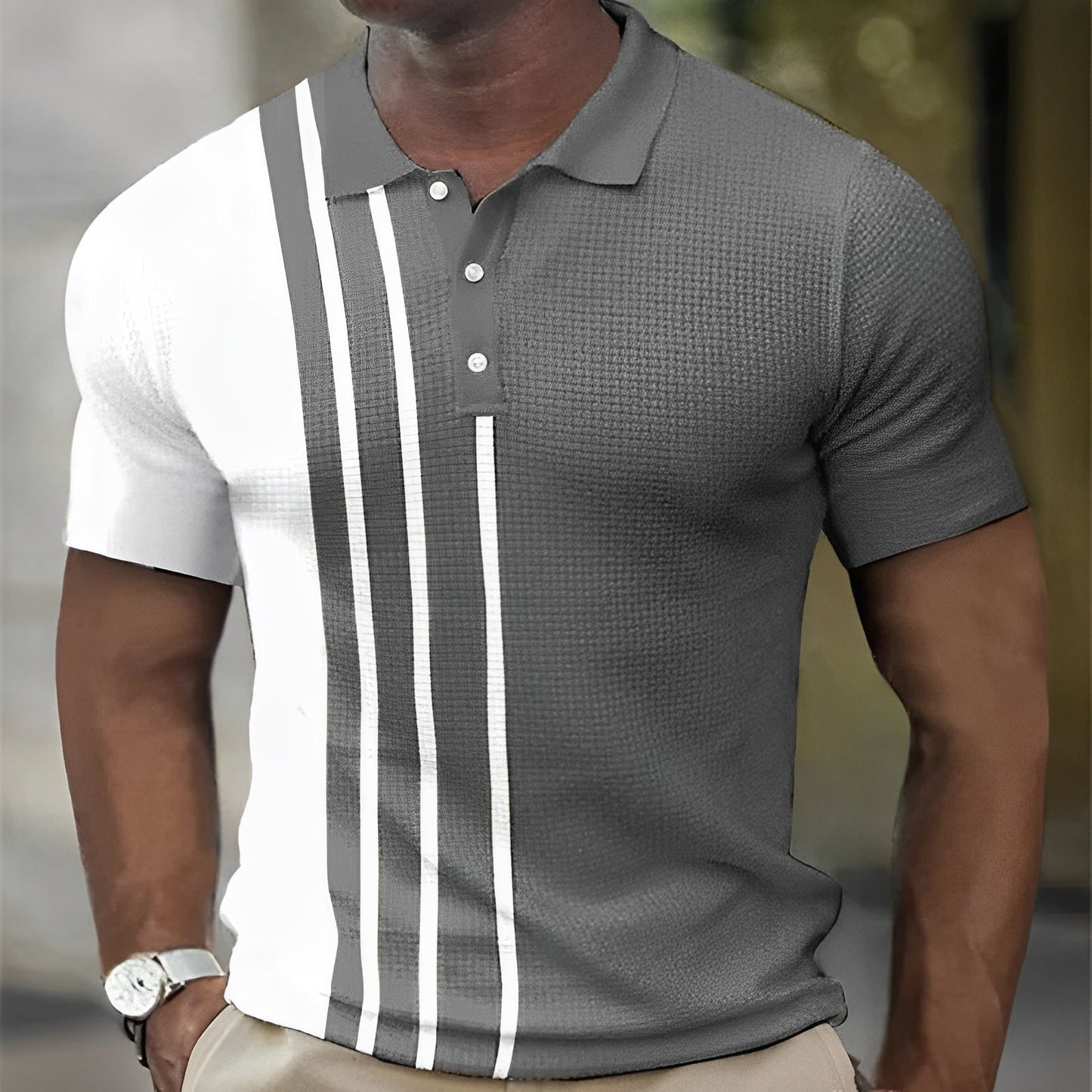 Men's Polo Shirt Navy Blue Cotton Slim Fit Striped 1