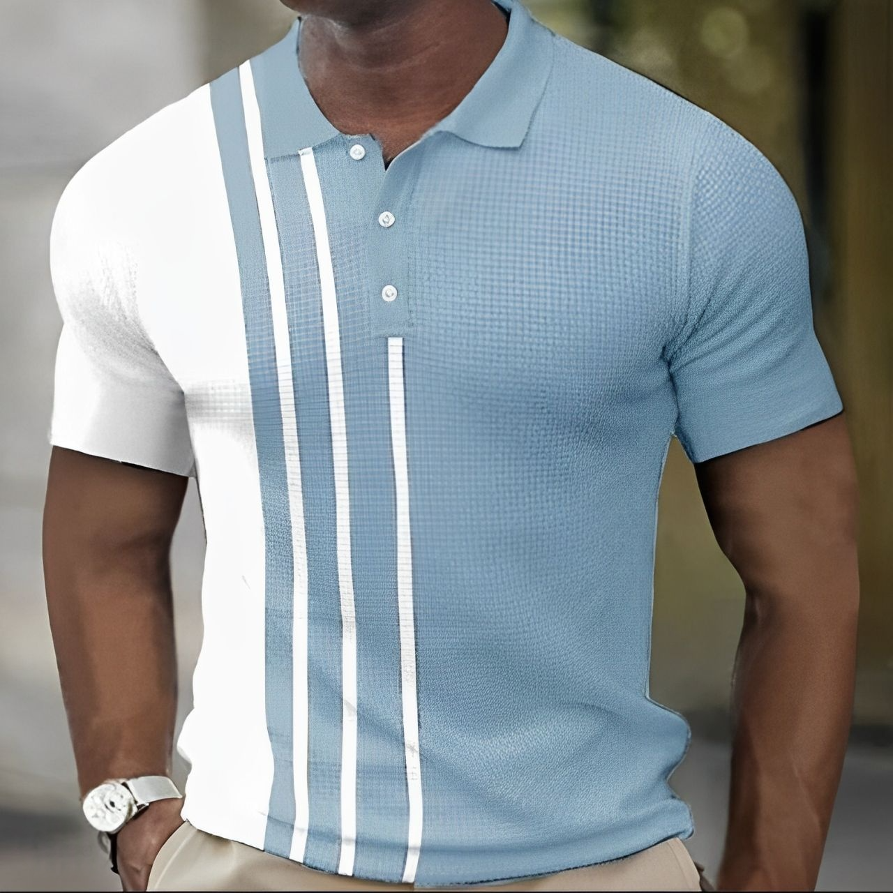 Men's Polo Shirt Navy Blue Cotton Slim Fit Striped 4