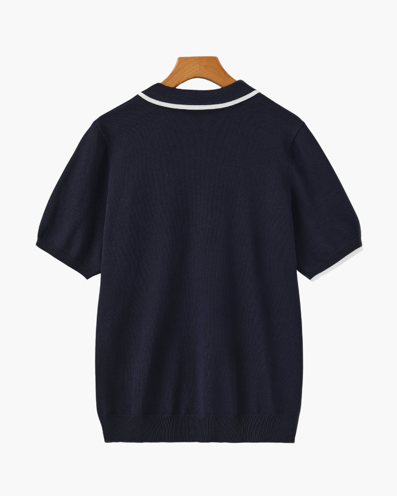 Men's Polo Shirt Navy Blue Knit Contrast Accents 1