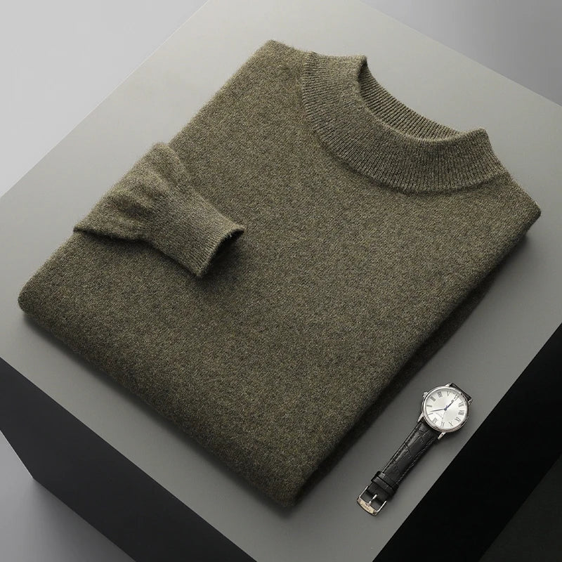 Men's Pullover Sweater Gray 100% Merino Wool Stand-Up Collar