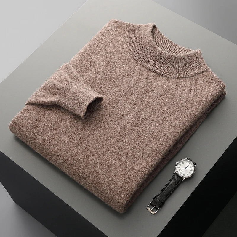 Men's Pullover Sweater Gray 100% Merino Wool Stand-Up Collar