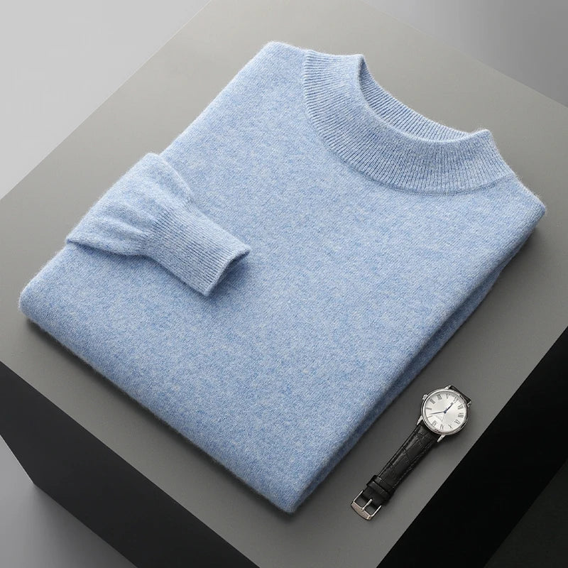 Men's Pullover Sweater Gray 100% Merino Wool Stand-Up Collar