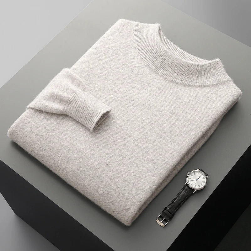 Men's Pullover Sweater Gray 100% Merino Wool Stand-Up Collar