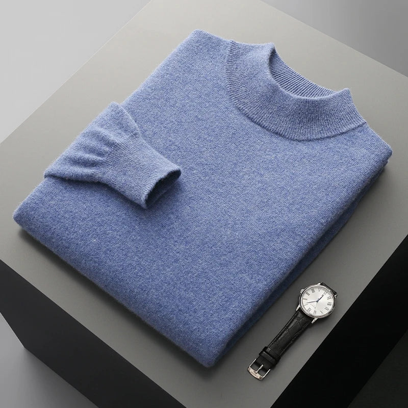 Men's Pullover Sweater Gray 100% Merino Wool Stand-Up Collar