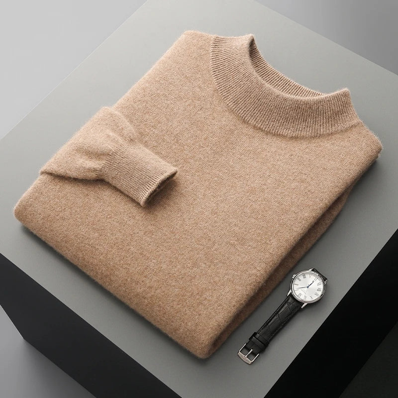 Men's Pullover Sweater Gray 100% Merino Wool Stand-Up Collar